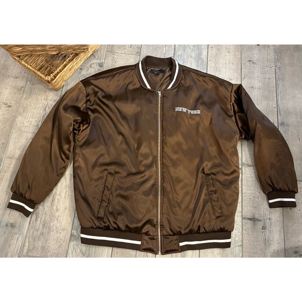 Forever 21 Brooklyn New York Brown Satin Bomber Jacket Women’s Size 1X